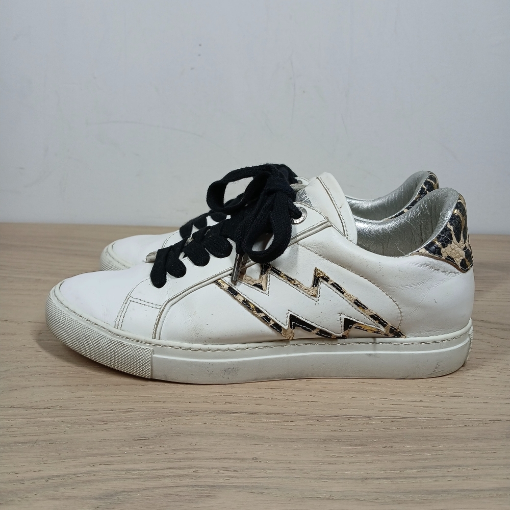 Zadig & Voltaire Paris White Leathe Leopard Print Low Top‎ Sneakers 1597